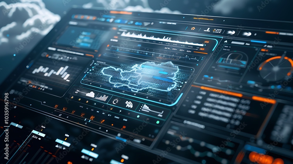 A digital interface on a futuristic device displaying AI-driven weather updates A digital interface on a futuristic device displaying AI-driven weather updates