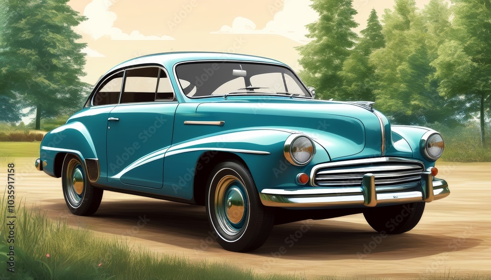 Retro car on a forest road. Illustration by Generative AI. Retro car on a forest road. Illustration by Generative AI.