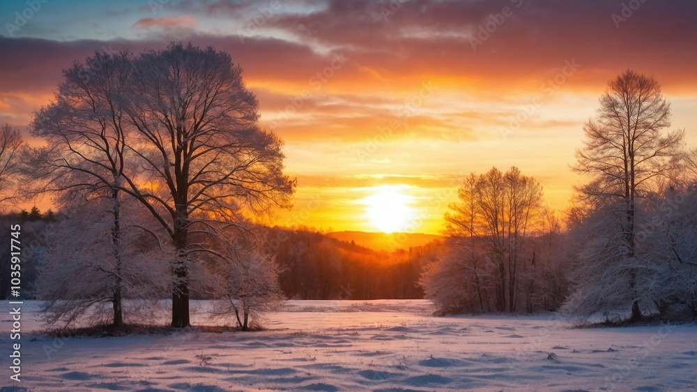 Naklejka premium Autumn Forest Morning Glow with Fresh Snow