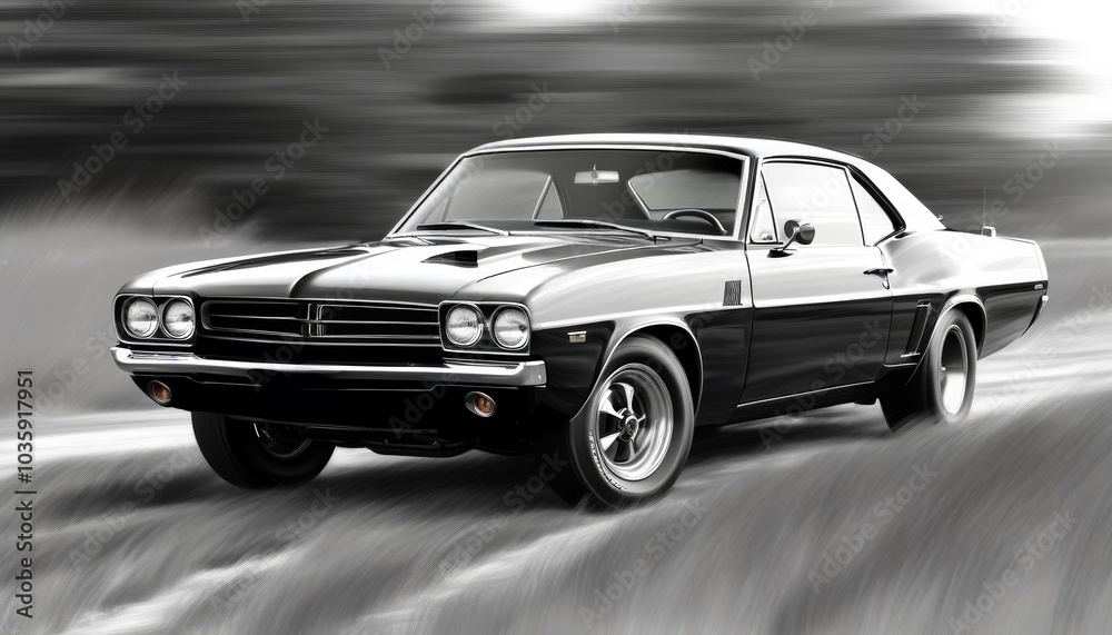 Retro sports car speeding on a road. Black and white. Illustration by Generative AI. Retro sports car speeding on a road. Black and white. Illustration by Generative AI.