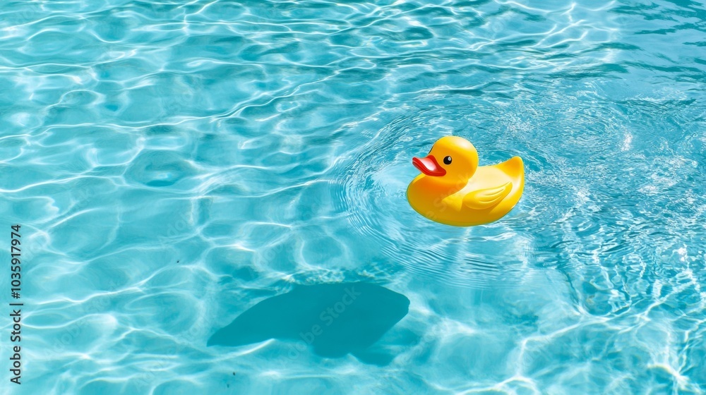 A bright yellow rubber duck floats in a pool, a perfect symbol of summer fun. It reminds us of childhood, games, and friendship.