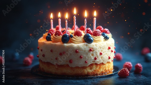 A festive birthday cake adorned with berries and lit candles against a dark, elegant backdrop.