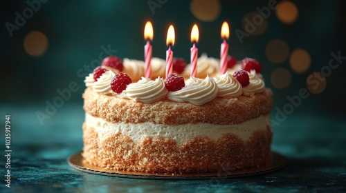 A beautifully decorated vanilla cake with raspberries and candles on a festive background.