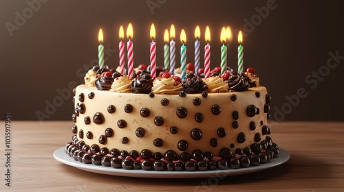 Festive birthday cake adorned with colorful candles and chocolate decorations.