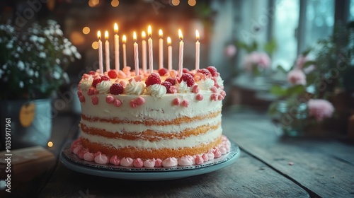 Delicious layered birthday cake adorned with pink candles and raspberries.