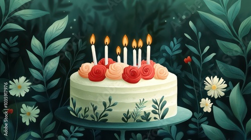 A beautifully decorated cake with lit candles amidst lush greenery and flowers.