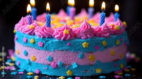 Vibrant pink and blue birthday cake with lit candles, adorned with colorful star sprinkles.