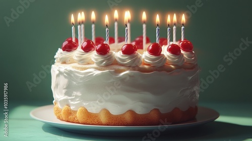 A delicious birthday cake topped with whipped cream and cherries, adorned with glowing candles.