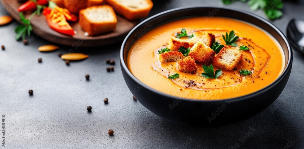 Delicious Pumpkin Soup with Croutons and Herbs