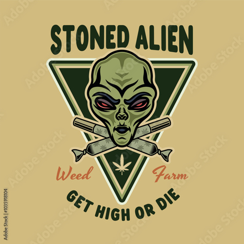 Marijuana vector emblem with stoned alien and two crossed spliffs in colored style