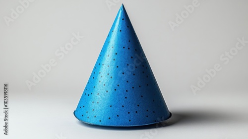 Festive blue party hat with black polka dots against a soft background.