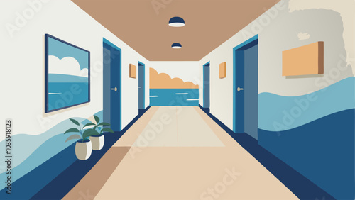 Minimalist hallway with light wood floors and white walls adorned with coastalthemed artwork