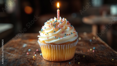 A vanilla cupcake with frosting and a lit candle, perfect for a celebration.