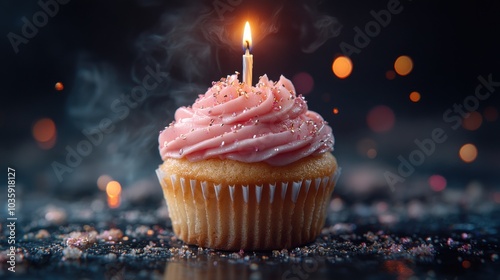 Delicious cupcake with pink frosting and a candle amidst a sprinkle-strewn surface.