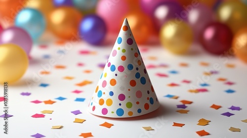 Colorful party hat surrounded by vibrant balloons and confetti.