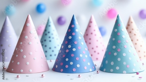Colorful polka dot party hats arranged against a soft pastel background, evoking a cheerful celebration atmosphere.