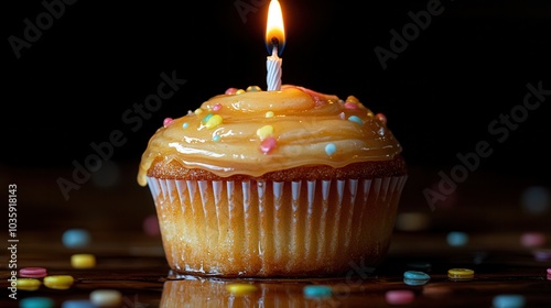 A delicious cupcake with caramel frosting and a lit candle, perfect for a birthday celebration.