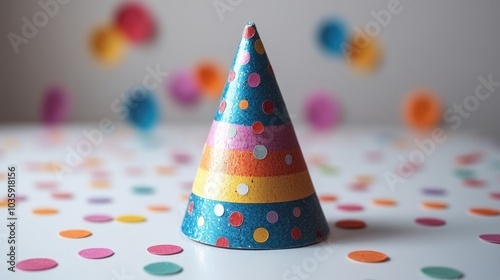 Colorful party hat on white table surrounded by vibrant confetti.