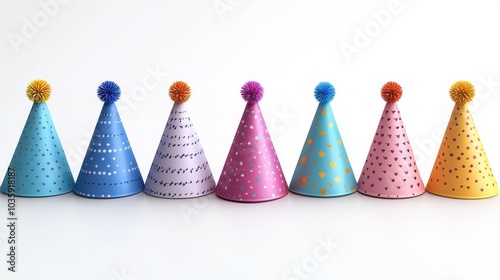 Colorful party hats in a row, showcasing vibrant patterns and pom-poms.