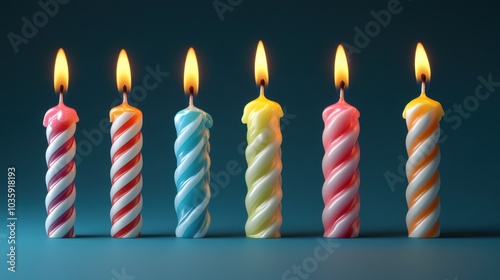 Six colorful striped candles lit against a dark teal background, creating a warm and festive atmosphere.