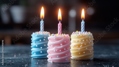Three colorful birthday cake candles lit and decorated with sprinkles.