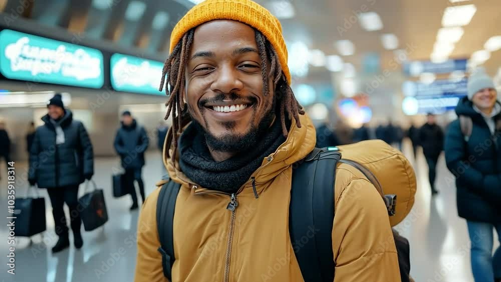 A man in an airport terminal getting ready to go on his way. A man in an airport terminal getting ready to go on his way.