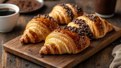 Delicious Chocolate Croissants on Wooden Board