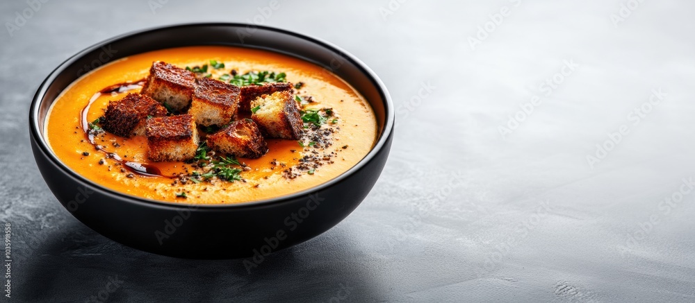 Delicious Pumpkin Soup with Croutons in a Black Bowl Delicious Pumpkin Soup with Croutons in a Black Bowl