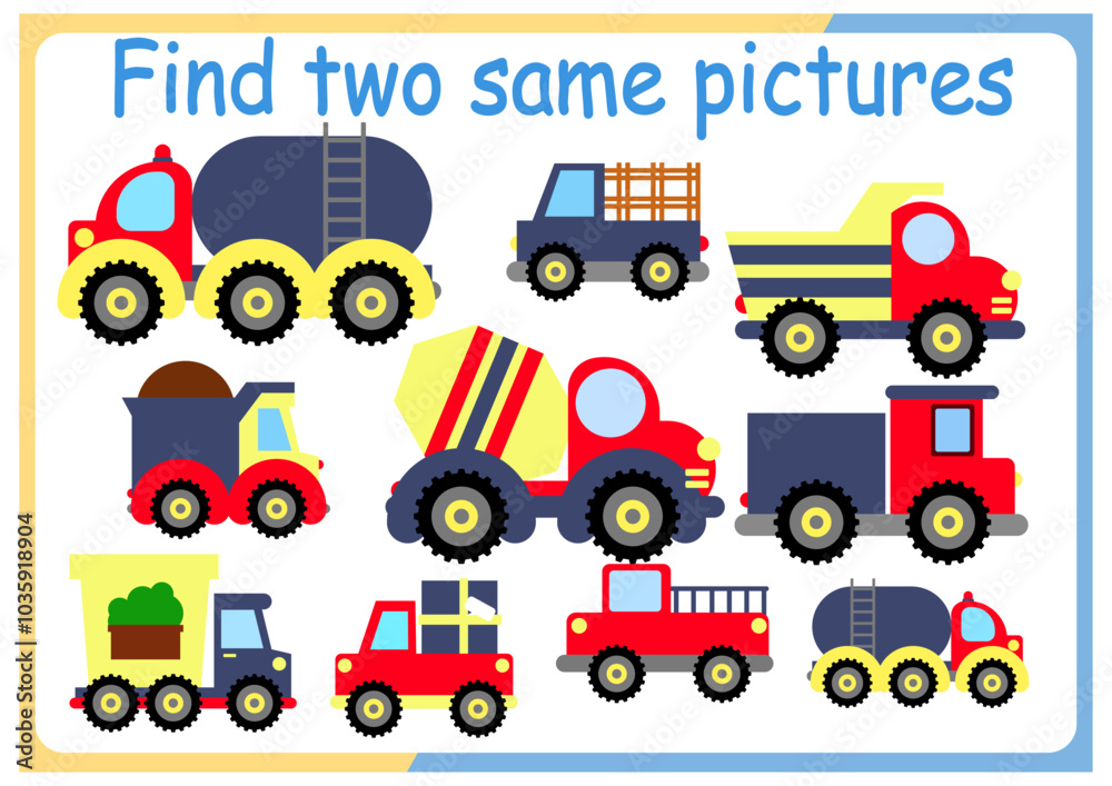Naklejka premium Find two identical pictures kids puzzles vector illustration. Activity for preschool children with comparing objects and finding 2 identical ones. 