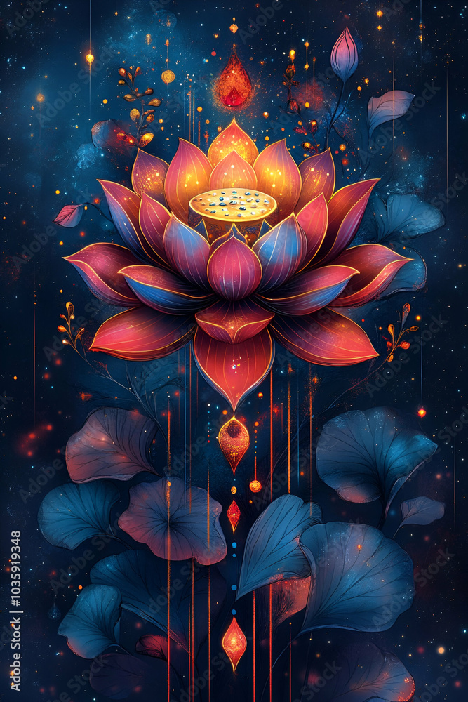 A vivid lotus flower illuminated in shades of purple, blue, and red, surrounded by floating petals and glowing elements against a dark celestial background. A vivid lotus flower illuminated in shades of purple, blue, and red, surrounded by floating petals and glowing elements against a dark celestial background.