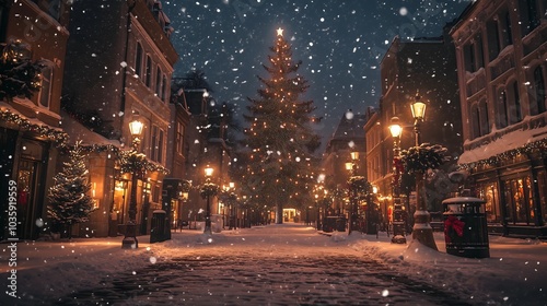 Twinkling lights and festive decorations adorn shops lining the snowy street, where a large Christmas tree sparkles under a starry sky during winter.