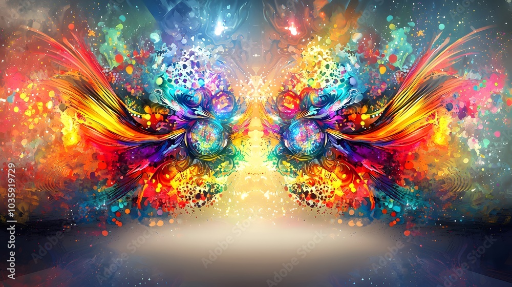 Vibrant abstract art with colorful splatter and dynamic swirl patterns