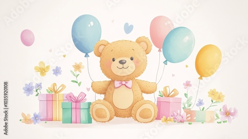 A sweet teddy bear sits happily surrounded by colorful balloons, presents, and flowers. This charming illustration is perfect for greeting cards, children's posters, or baby showers.