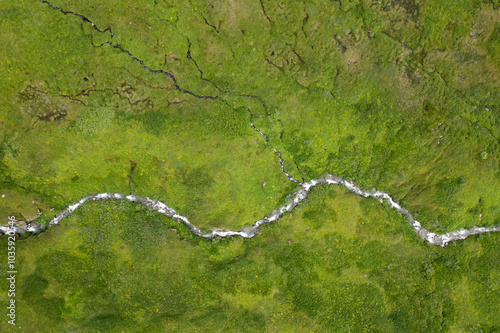 Birds eye view of river in mountain valley near Hatcher Pass, Alaska landscape wilderness photo