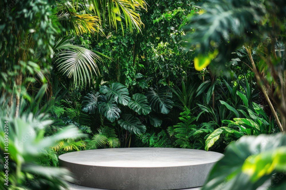 Vibrant greenery providing cover on a round platform in a serene setting Vibrant greenery providing cover on a round platform in a serene setting