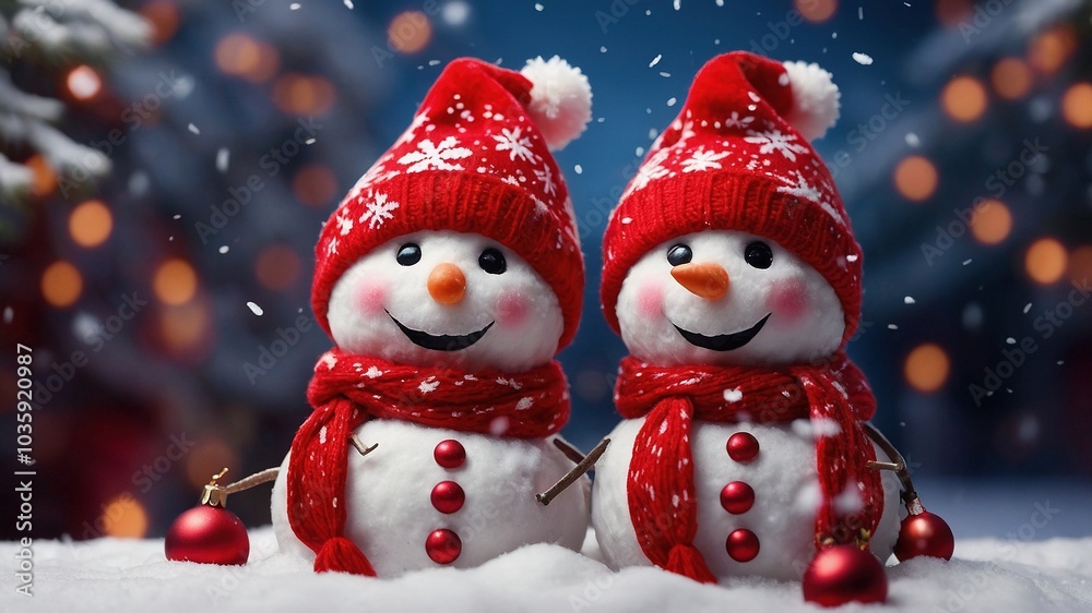 Christmas Snowmen with Red Hats and Snowflakes Christmas Snowmen with Red Hats and Snowflakes
