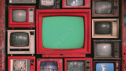 artistic 3d rendered composition stack old classic red frames television green screen monitors random positions filling the page composition video element chroma key video element