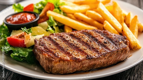 Delicious Grilled Steak with Sides of Salad and Fries