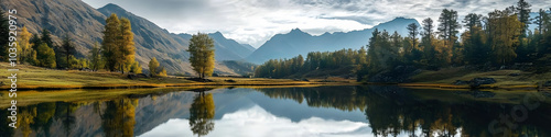 A beautiful mountain landscape with a lake in the foreground. The lake is surrounded by trees and mountains, creating a serene and peaceful atmosphere. The reflection of the trees