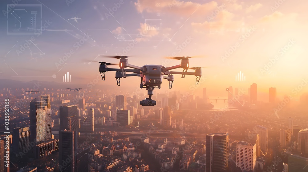 A futuristic drone equipped with AI technology flying over a digital cityscape