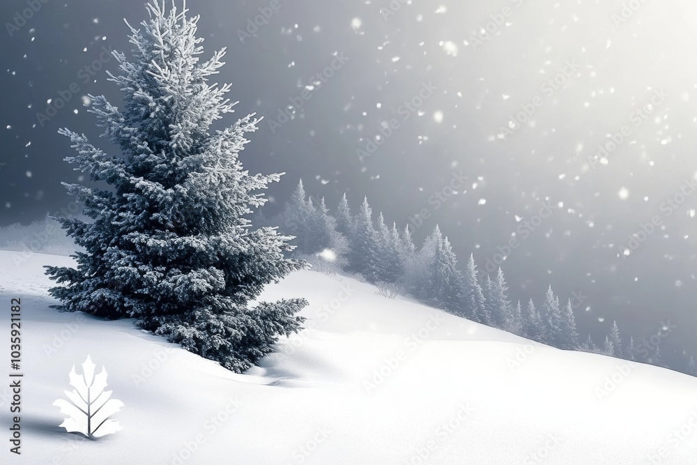 A snowy winter landscape with a single pine tree in the foreground, surrounded by a blanket of fresh powder. The sky is overcast with a light snowfall. A snowy winter landscape with a single pine tree in the foreground, surrounded by a blanket of fresh powder. The sky is overcast with a light snowfall.