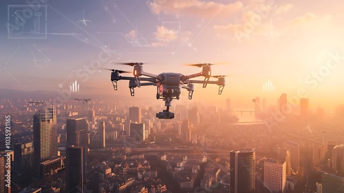 A futuristic drone equipped with AI technology flying over a digital cityscape