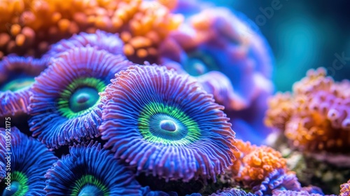 Close-up of vibrant purple, green, and blue coral polyps with orange coral in the background.