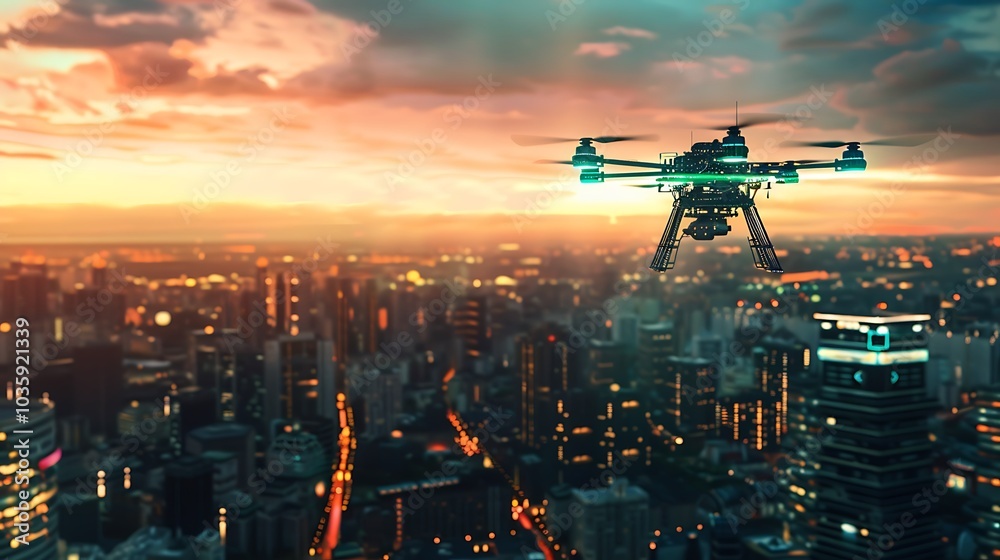 A futuristic drone equipped with AI technology flying over a digital cityscape A futuristic drone equipped with AI technology flying over a digital cityscape
