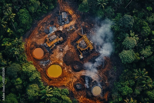 Aerial view of deforestation and heavy machinery operating in a rainforest.