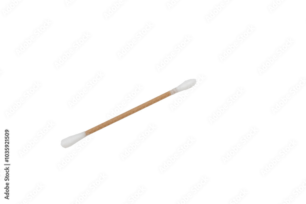 One cotton swab for cleaning ears lies on a white background. Cotton swab isolated on white. One cotton swab for cleaning ears lies on a white background. Cotton swab isolated on white.