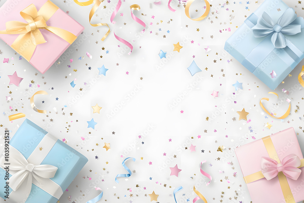 Creative birthday party Mock up frame with gift, streamer, star confetti, glitter on white background Creative birthday party Mock up frame with gift, streamer, star confetti, glitter on white background