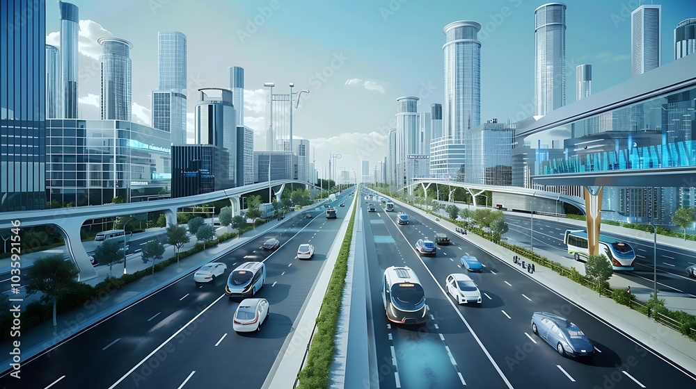 A futuristic smart city with autonomous vehicles and AI-controlled infrastructure