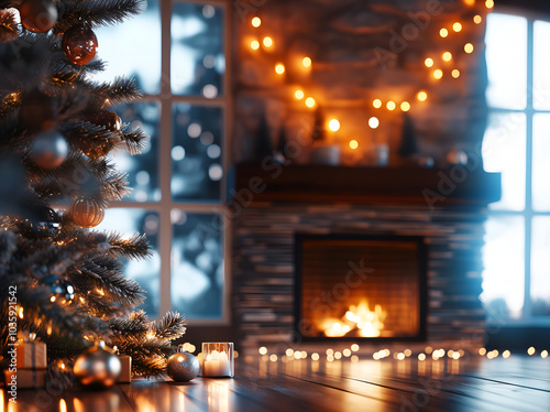 cozy christmassy interior with warm lights; homy xmas atmosphere with christmas tree, candles & fireplace