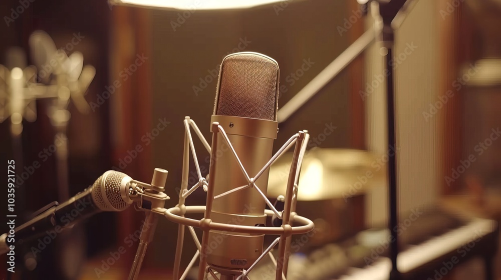 Close-up of microphone on stand in soundproof recording studio, positioned in front of script stand, symbolizing voice acting and audio production. Close-up of microphone on stand in soundproof recording studio, positioned in front of script stand, symbolizing voice acting and audio production.